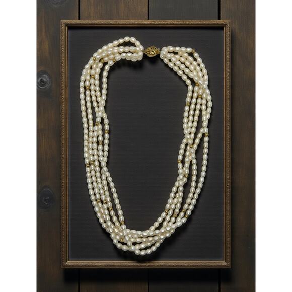 Vintage 5 Strand Faux Pearl Necklace-Rice Beads-Gold Tone Clasp-Multi-Choker-80s - Picture 2 of 7